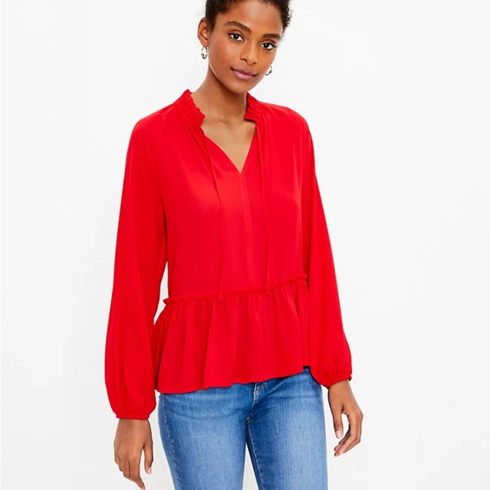 LOFT Red Tie Neck Peplum Blouse Size Small